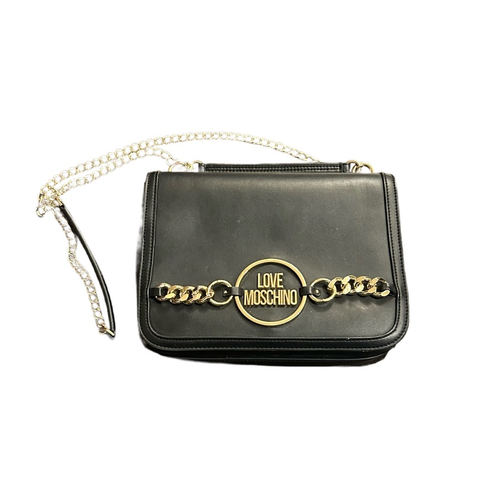 Love Moschino Black Faux Leather Crossbody with Gold Chain